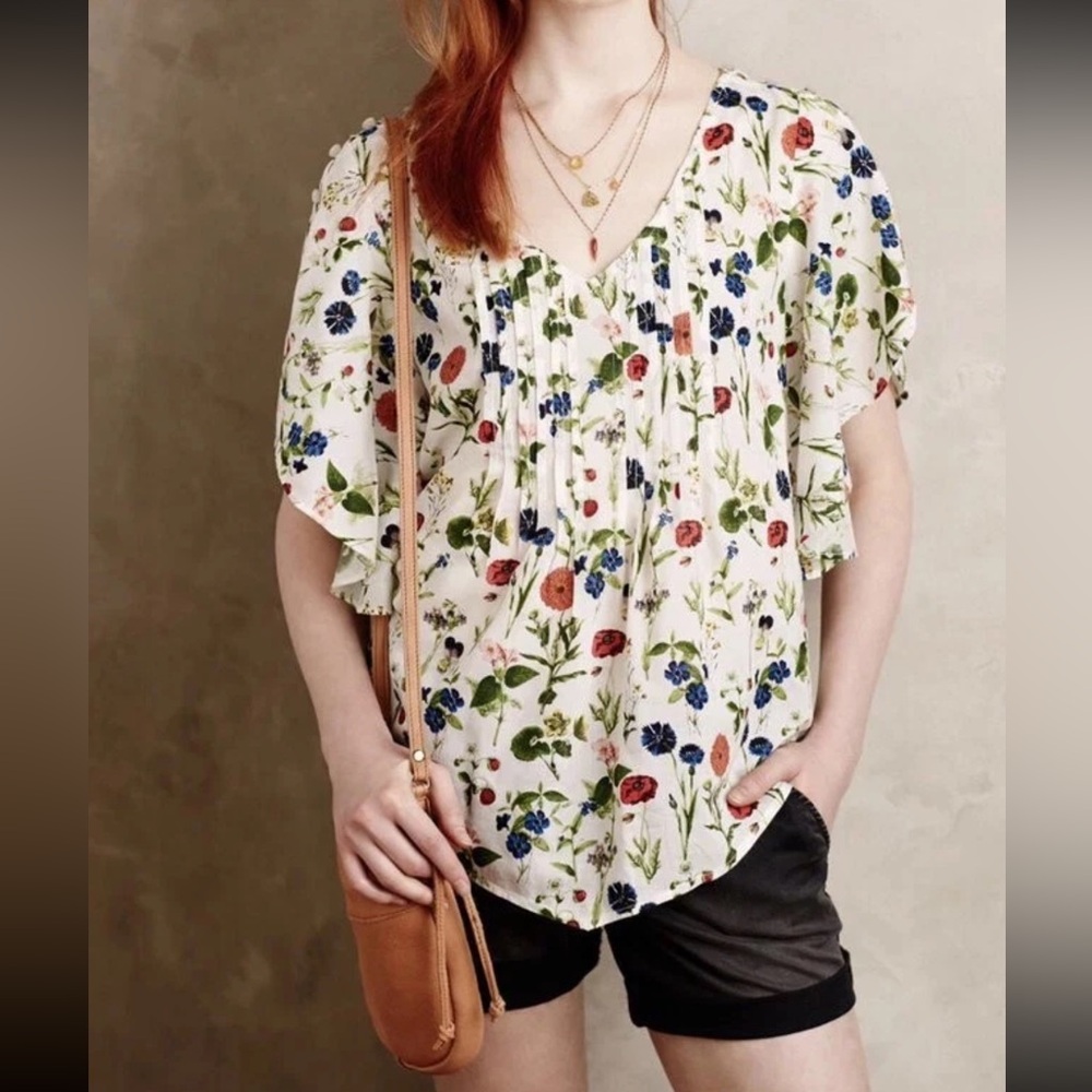 Anthropologie Maeve Fluttered Maya Strawberries Roses Floral Blouse